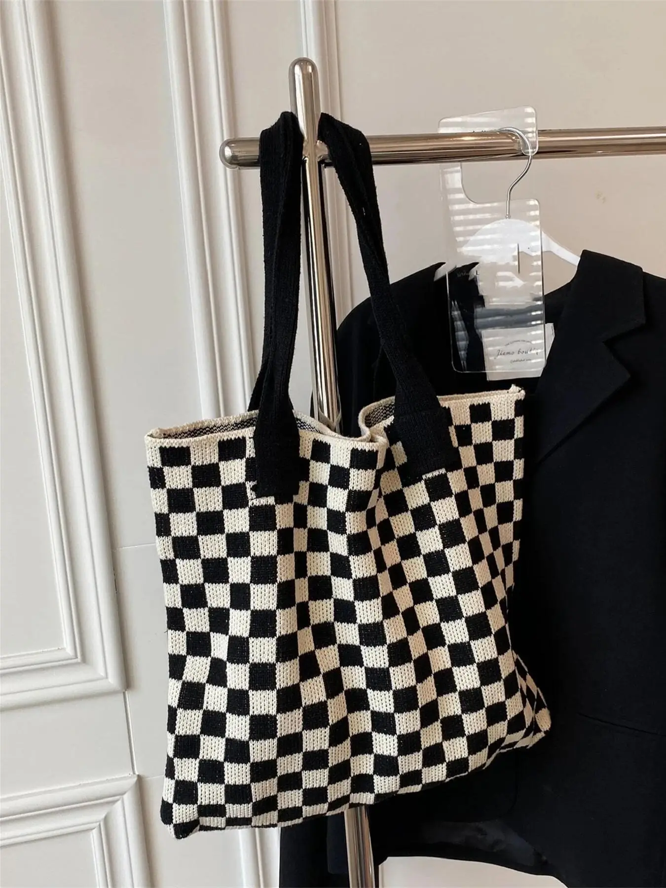 Women's Simple Style Checkerboard Tote Bag, Casual Trendy Large Capacity Shoulder Bag, Fashionable Shopping Bag for Daily Use