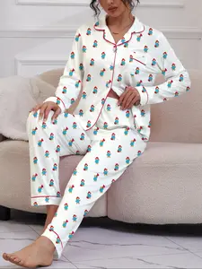 Women's Cute Bear Printed Sleepwear Set, Loungewear, Pajama, Long Sleeve Button-Down Top & Loose Elastic Pants, Casual All Seasons Home Wear