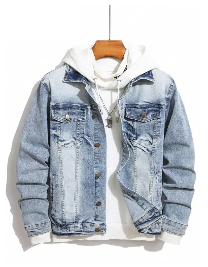 Jean Jacket Slim Fit White Hoodie Attached Guys Daily Outerwear Trendy Denim Coat Vintage Washed Look