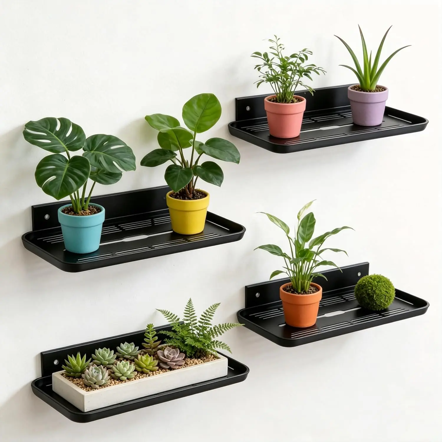 Adhesive Floating Shelves-4Pcs No Drill Floating Shelf for Wall Storage Damage-Free Wall Mounted Organizer for Bathroom, Kitchen, Bedroom & Office (Black, 4 PCS)