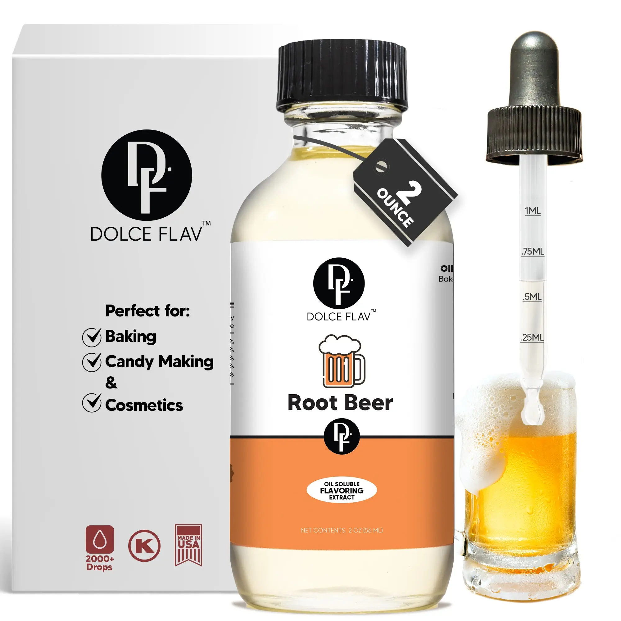 Dolce Flav 2oz Oil-Soluble Root Beer Flavoring - Sweet Spicy Vanilla-Like Extract for Baking Candy Cosmetics - Dye-Free Alcohol-Free Long-Lasting Precision Dropper Included