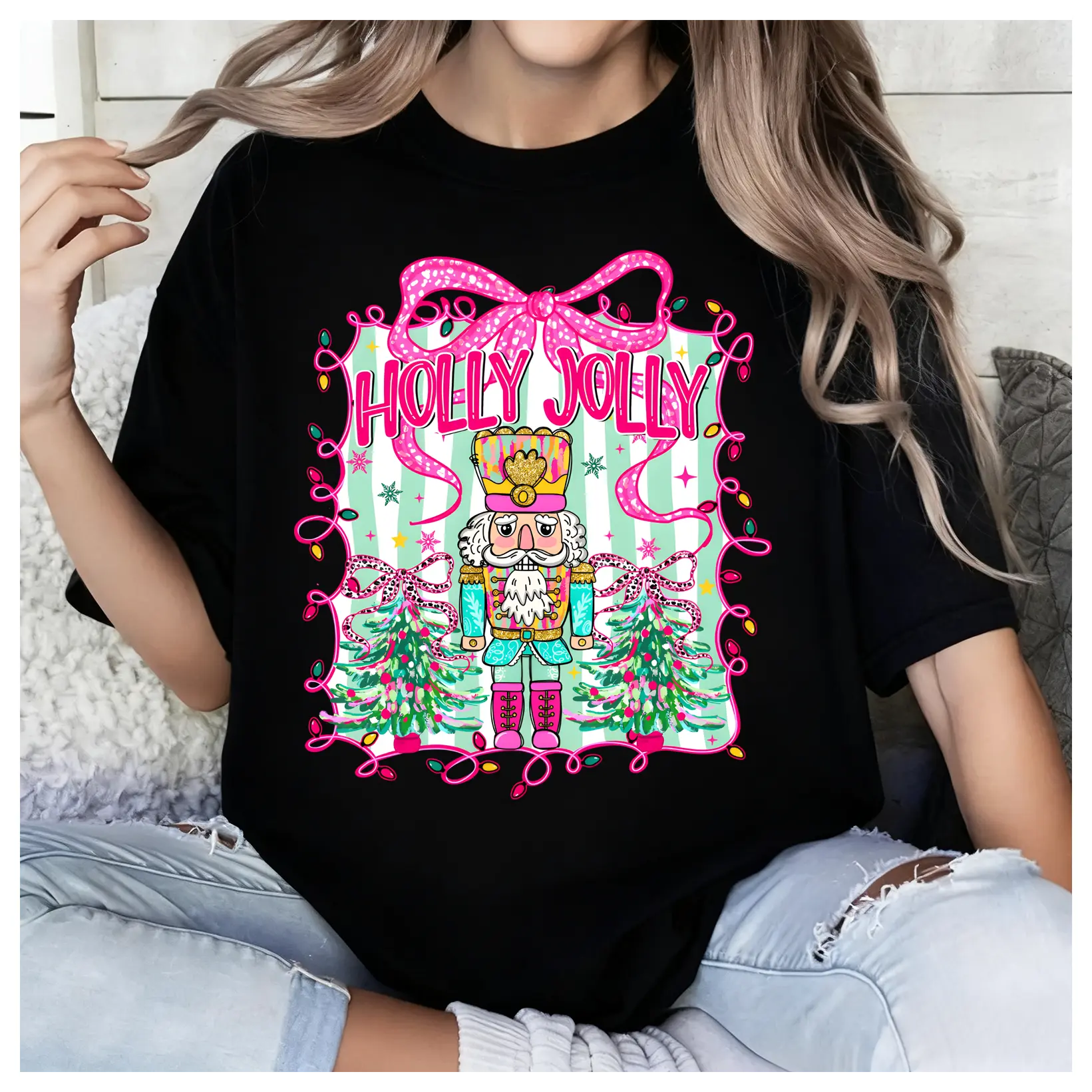 Delivered after Christmas-Holly Jolly Christmas T-Shirt, Nutcracker Coquette 100% Cotton Christmas Festive Tee, Colorful And Whimsical Design Xmas Shirt