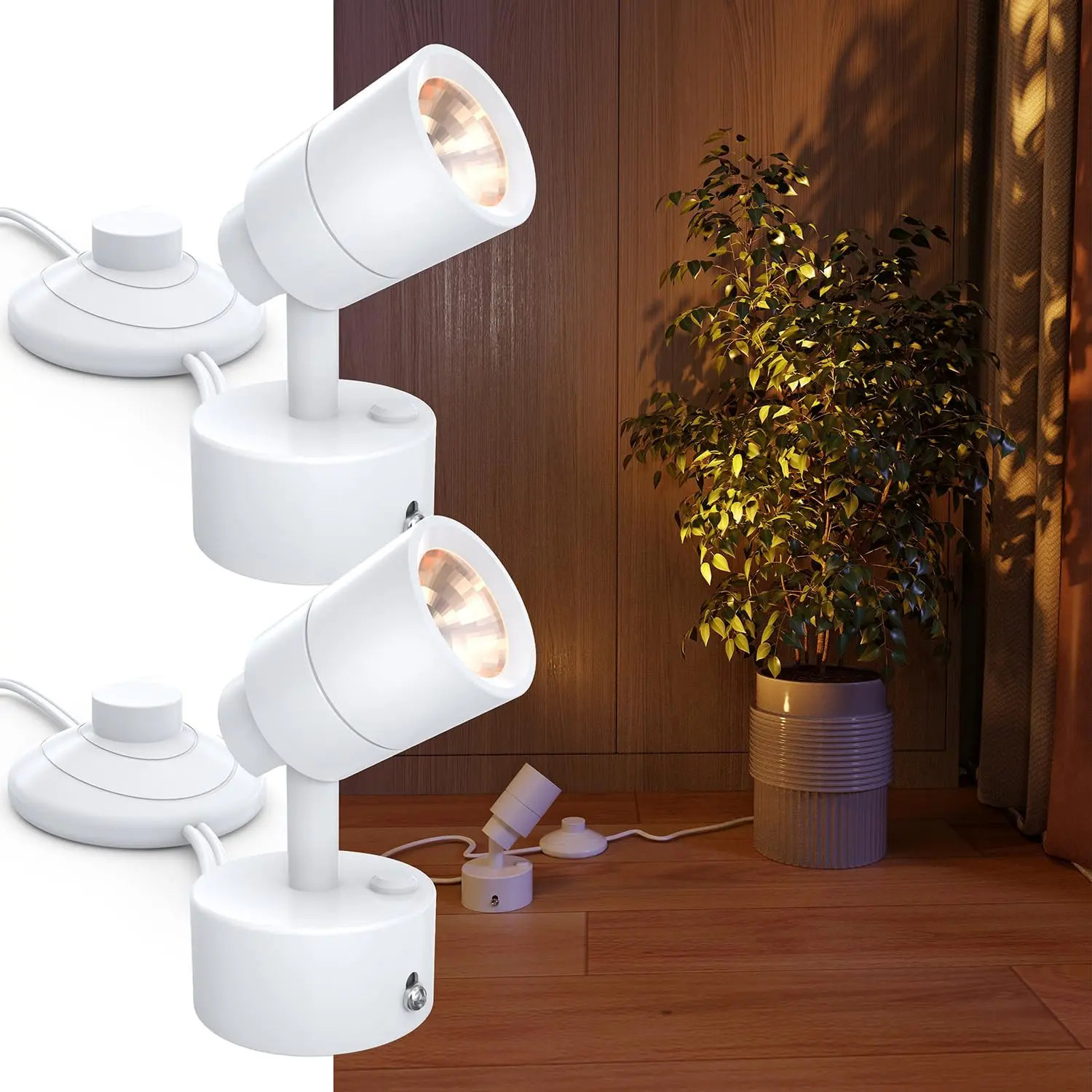 Sunco Uplights Indoor with Foot Switch, 3W LED Floor Spotlight for Indoor Plants, 300 Lumens, 3000K Warm White, Uplighting for Displays & Artwork, 120V Non-Dimmable, UL/ETL Listed, White 2 Pack