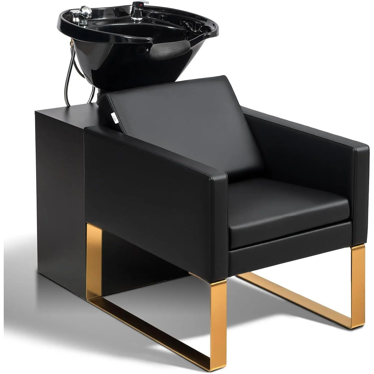 OmySalon Sit-Down Salon Furniture Shampoo Chair, Stainless Steel Frame, UPC-Certified Shampoo Bowl, Hair Washing Backwash Unit for Beauty Spa, Black and Gold