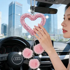 Heart-Shaped Rhinestone Fur Ball Car Mirror Ornament, Car Trinkets, Options, Sweet Fashion Bag Charm, Girl Gift