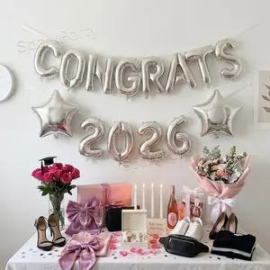 14pcs/set Silver Color Alumina Balloons, 16-Inch Congrats 2026 Banner, 18-Inch Star Shape Balloon, Graduation Party Decorations