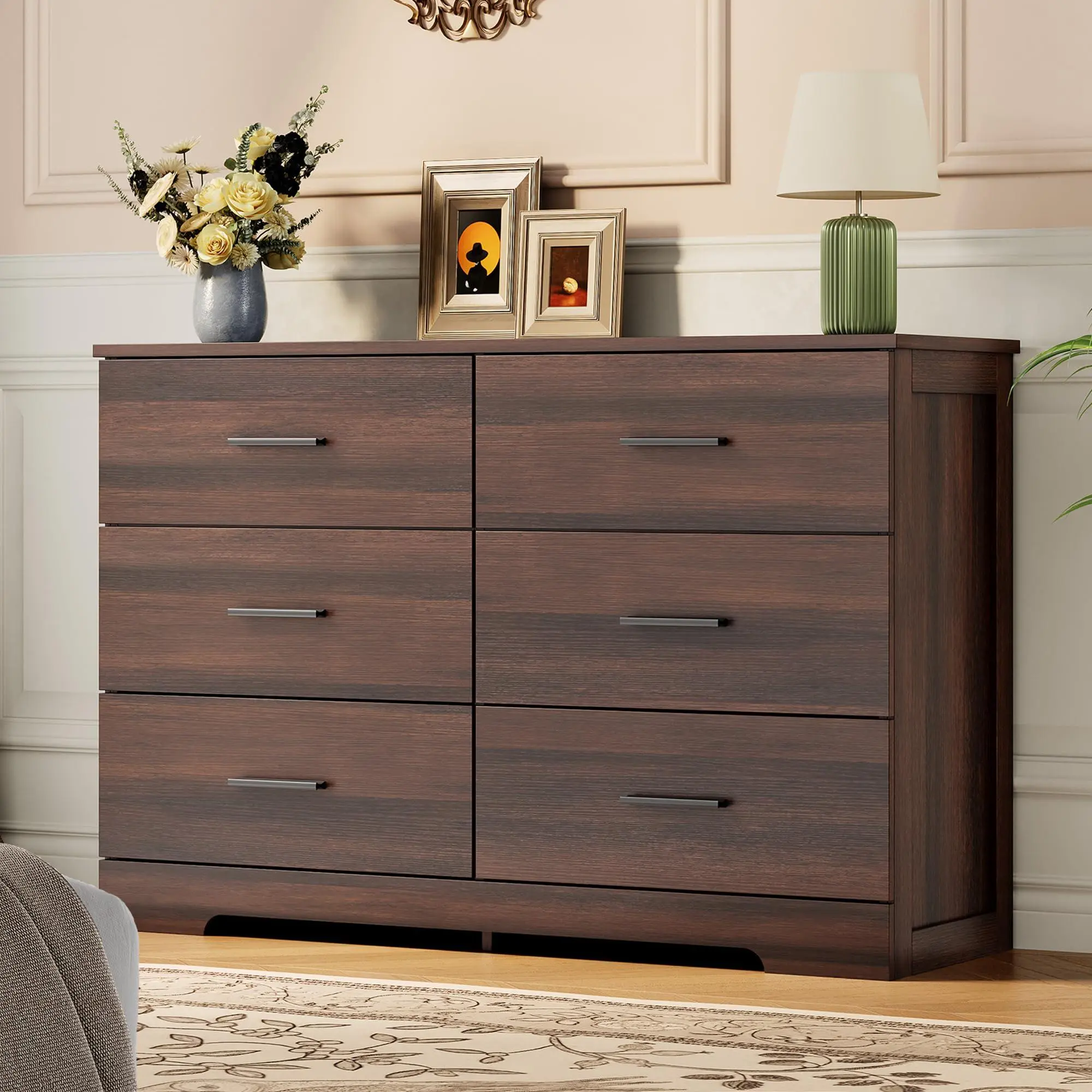 6 Drawer Dresser for Bedroom, Modern Chest of Drawers with Metal Handles, Storage Organizer for Bedroom, Living Room, Entryway & Hallway, Brown