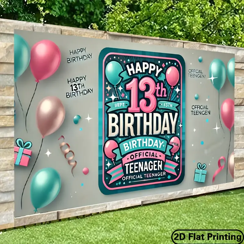 Banners 2D flat banner, 1pc, Happy 13th Birthday, Birthday party banner- Durable polyester material, suitable for celebration, graduation season, celebration, birthday, no electricity required, indoor and outdoor decoration Ornaments White
