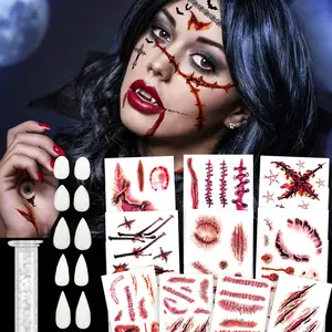 5Pairs Vampire Teeth+10 Sheets Oversized Fake Tattoos,Halloween Vampire Cosplay set Vampire Fangs Bloody Wound Temporary Tattoo for Women Men Kids Halloween Party Cosplay