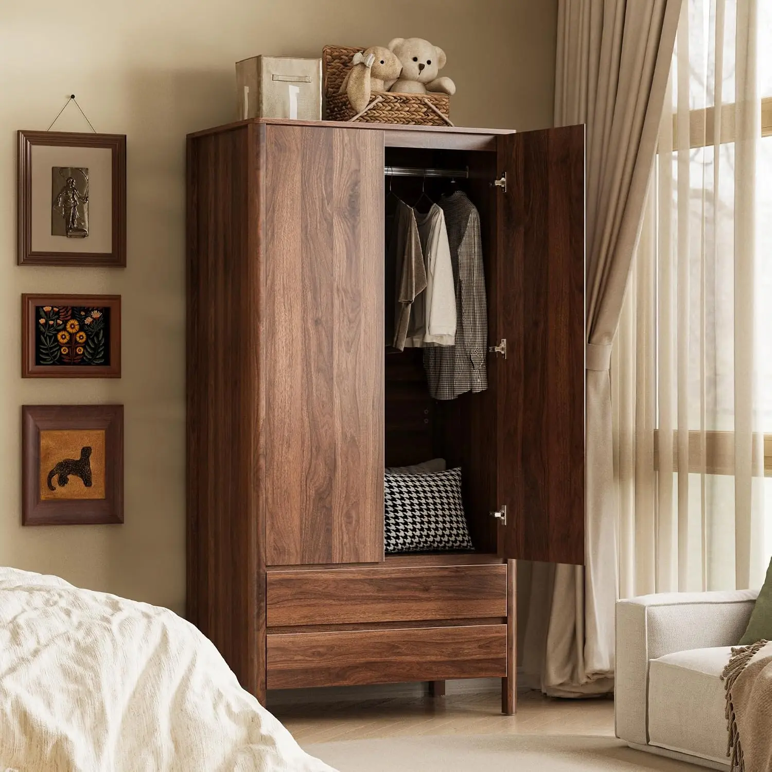 Modern Walnut Finish Wardrobe with 2 Drawers and 2 Doors for Bedroom Storage