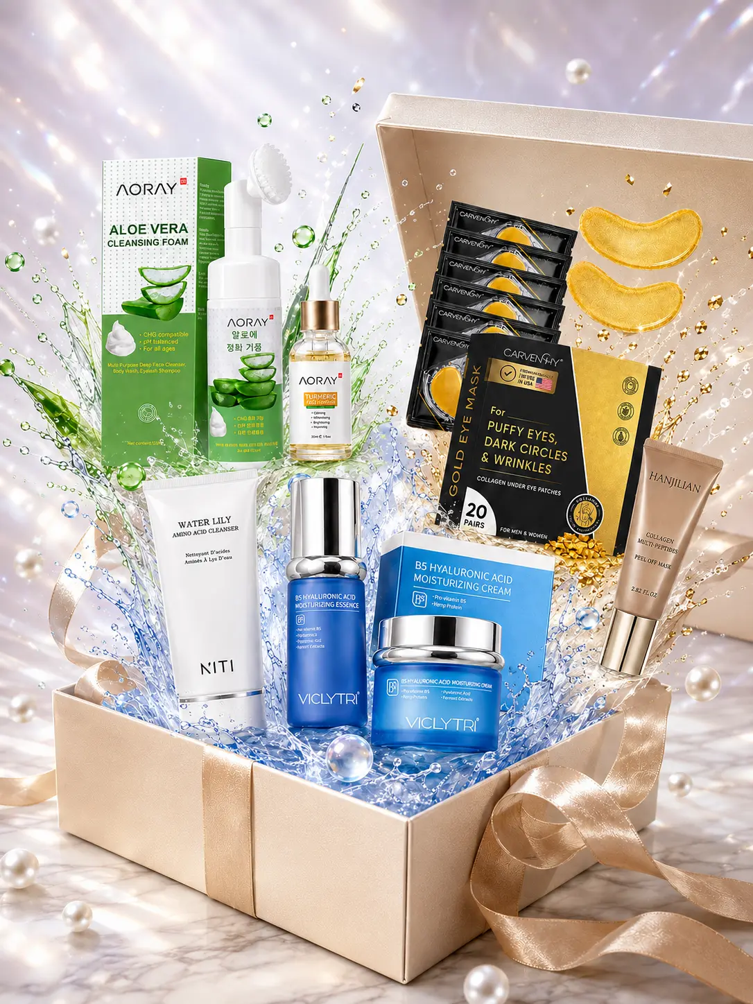 AORAY Surprise Skincare Gift Set（Skincare Mystery Box – 1 Complete Routine, 1 of 3 Possible Sets, Aloe & Turmeric, B5 Hydration or Gold Eye-Care Set）