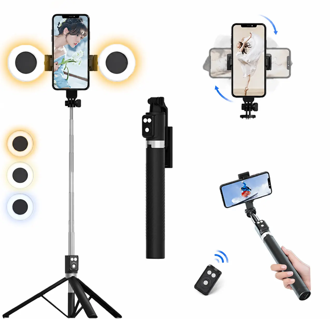 6-in-1 Selfie Stick Tripod with 360° Rotatable Dual Ring Light, Dual Fill Lights & Selfie Light，Wireless Remote, Portable Adjustable Phone Stand, for iPhone Android phone tripod for Vlog stand content Gifts