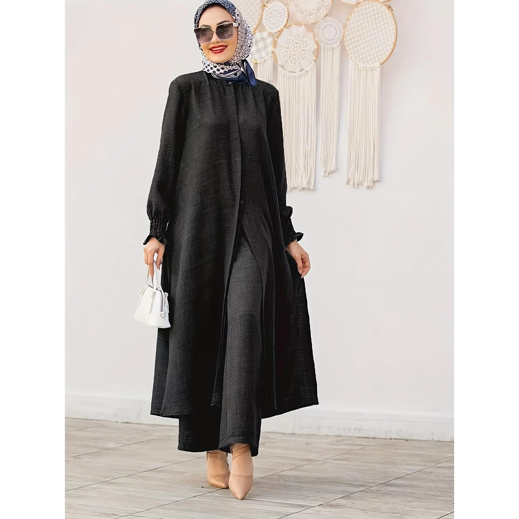 Elegant Solid 2-Piece Clothing Set for Women, Polyester Modest Outfit with Shirred Sleeves and Wide Leg Pants, Two Piece Set Women