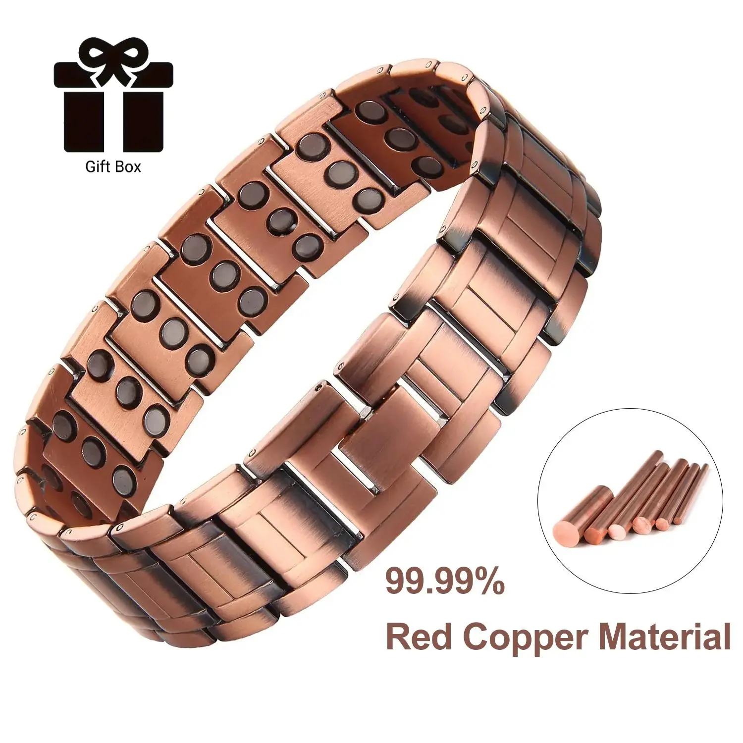Pure Copper Bracelet for Men with Floral Engraving, 3X Magnetic Band with Sizing Tool, Adjustable Wearable Design for Stacking, 3X Version, Flowers, Bracelet Stacking, All Seasons, Hypoallergenic, 103.5G, 9 Inch, Casual, 3X Version+Ring