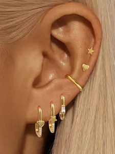 6Pcs Lovely 24K Gold Plated Smooth Cuff Earrings Set For Women Zircon Star Stud Earrings Pack Heart Hoop Earrings Stack Fashion Earring
