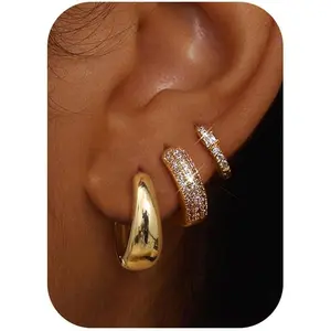 Small Chunky Gold Hoop Earrings for Women Hypoallergenic Gold Silver Hoops for Sensitive Ears Non Tarnish 14K Gold Filled Huggie Hoop Earring Stacks for Multiple Piercing Lightweight 3Pairs