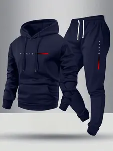 Men's Spring Fall Thin Letter Paris Print Hoodie and Pants Set, Casual Fitted Sportswear, Streetwear Tracksuit Set, Pocket Waist Drawstring, Gift for Boyfriend Husband