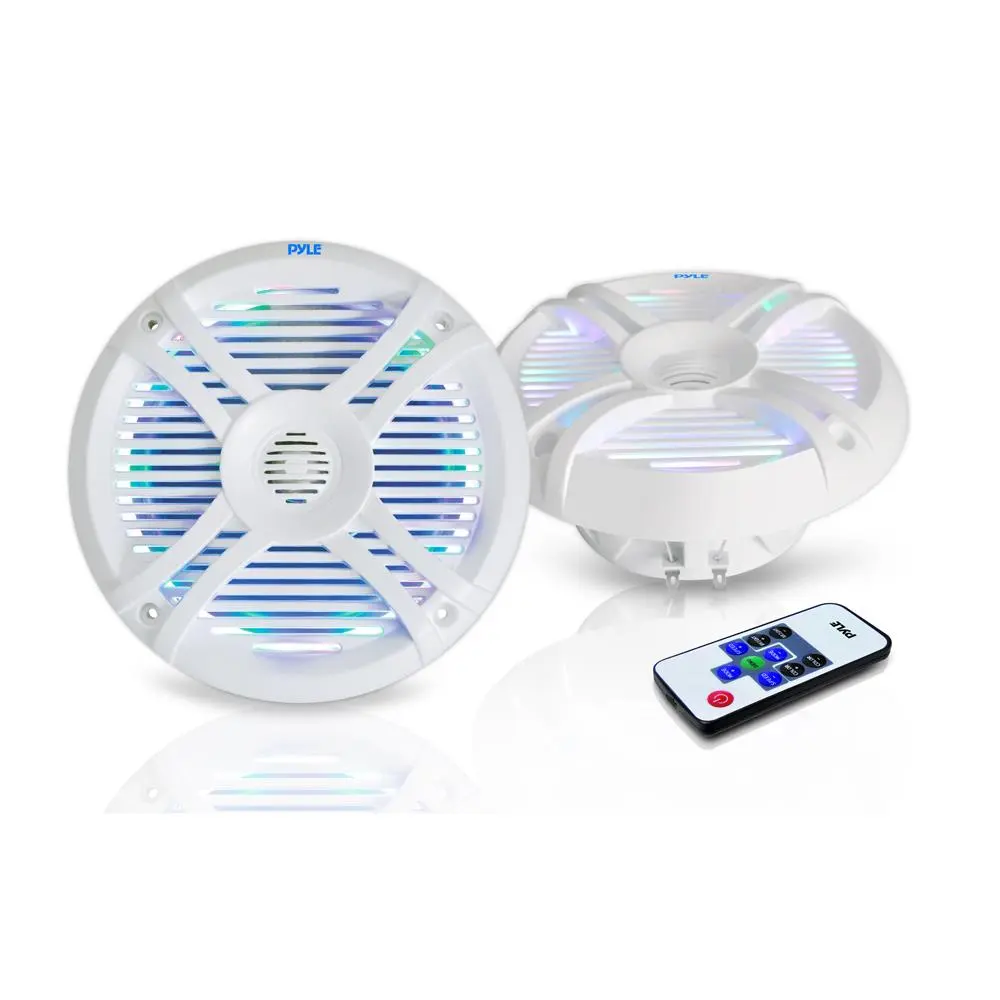 6.5" Waterproof Stereo Marine Speakers - 250-Watts 2-Way DC 12-24V LED Lights, Remote Control, 2.6'' Depth, Custom Adjustable Design for Car Audio Installation, White, Water Resistant, 1.45 Lbs.