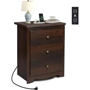 Tall Nightstand with  Station,  Nightstand with 3 Drawers, Bedside Tables Bedroom, Dorm, End Table with 2 USB Ports and 2 AC Outlets, Bedside Table, Espresso