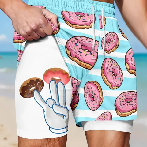 Men's Double-Layer Beach Shorts, Funny Donut Print Anti-Chafe Liner, Elastic Waist Drawstring Swimming Shorts, Swimwear Shorts for Gym, Running, Beach and Casual Wear, Summer Swim Trunks