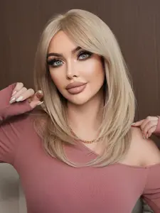 20 Inch Layered Shoulder Length Ash Golden Wigs for Women, Layered cut wig - Textured Straight Wig with Curtain Bangs, Silk Synthetic Heat-Resistant Fiber Fake Hair for Daily Wear, Festival Ready, Mother's day gifts - Beginners Glueless Wig Accessories