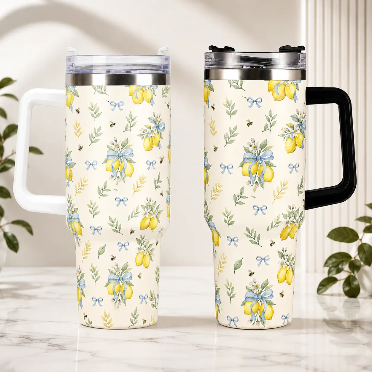 40oz Lemon Bow Tumbler with Handle, Cute Floral Bee Insulated Travel Mug, Stainless Steel Coffee Cup with Lid, Gift for Women