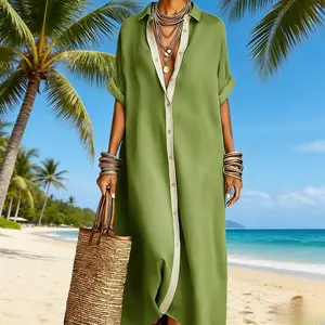 Elegant Contrast Border Loose Shirt Maxi Dress Soft Breathable Casual Daily Wear