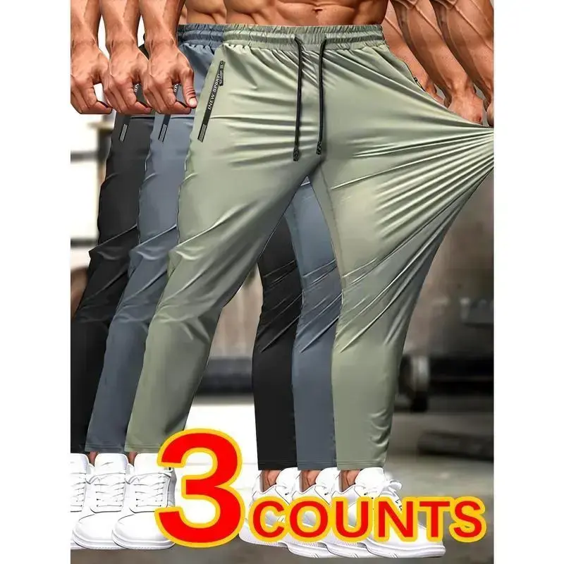 3pcs Men'S High Elasticity Breathable Pants, Casual Style with Drawstring Waist, Letter Pattern, Zippered Pockets, for Fitness Jogging Cycling - Nylon Knit Fabric, Low Waist, 9/10 Length 3pcs Men'S High Elasticity Breathable Pants, Casual Style with Drawstring Waist, Letter Pattern, Zippered Pockets, for Fitness Jogging Cycling - Nylon Knit Fabric, Low Waist, 9/10 Length