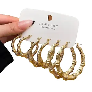 Gold Bamboo Hoop Earrings for Women - Trendy Chunky Textured Bamboo Style Large Hoops, Lightweight Waterproof Gold Statement Earrings, Perfect for Daily Wear Summer Beach Party & Bold Chic Ear Looks