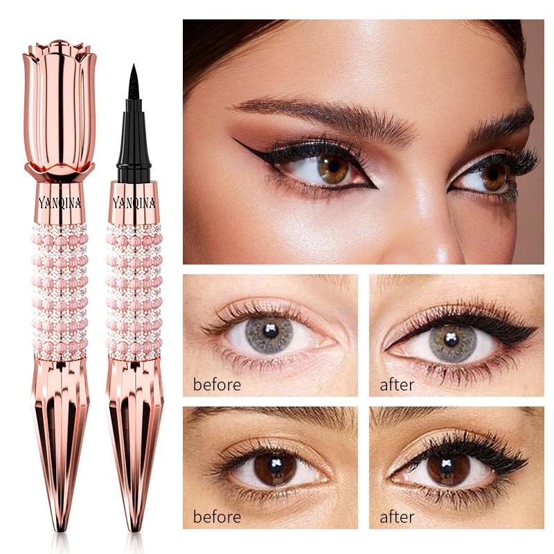Luxury Rose Rhinestone Liquid Eyeliner Long Lasting Waterproof Smudge Proof Black Eye Liner Pen for Daily Eye Makeup Looks
