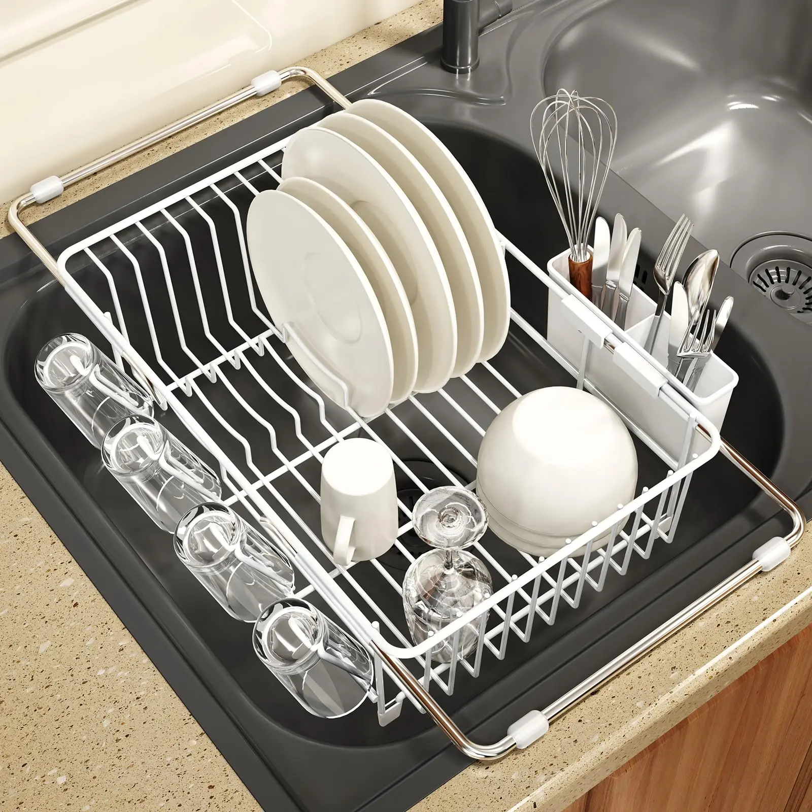 Expandable Stainless Steel Over Sink Dish Drying Rack with Utensil Holder, Rustproof Space-Saving Dish Drainer, Perfect for Small Kitchens, Apartments & RVs