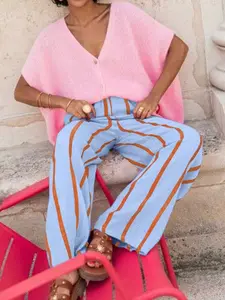 Summer Casual Loose Fit Women's Wide Leg Pants, Casual Fashion Bottoms, Striped, Elastic, Lightweight All over Print, Versatile and Comfortable, Perfect for Daily Wear