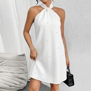 Women's Pearl Beaded Halter Twist Sleeveless Tie Back Dress A Line Dress