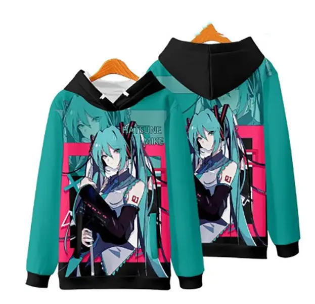 Hatsune Miku Print Hoodie Casual Long-Sleeve Pullover Sweatshirt Harajuku Streetwear Anime Hooded Tops For Men and Women Fall Winter
