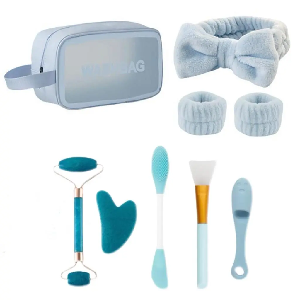 Facial Skin Care Tool Set, 9pcs/set Headband & Wristband & Silicone Brush & Manual Facial Massager & Wash Bag, Skin Care Supplies for Home & Travel, Facial Tools