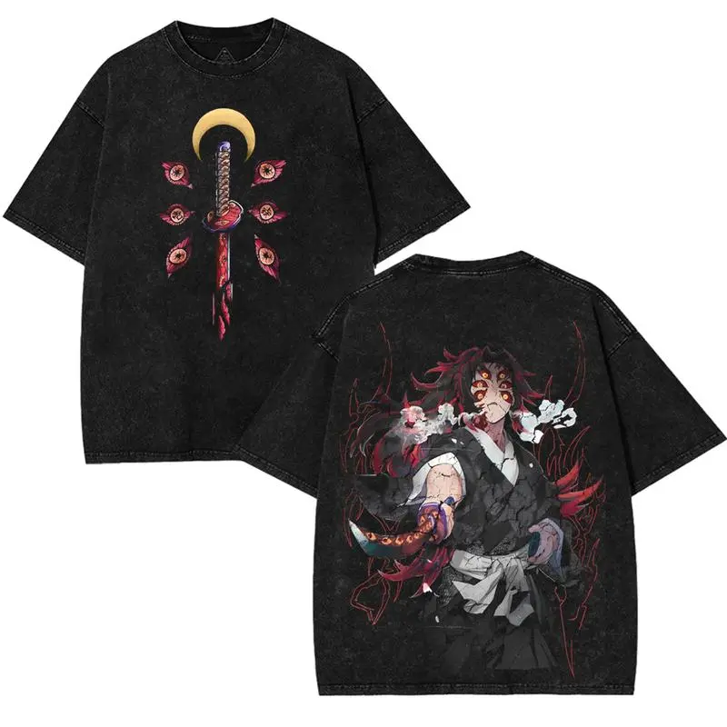 valentine shirts Kokushibo Upper moon rank 1 moon breathing v9 Demon Slayer Kimetsu No Yaiba Anime Double Printed Acid Washed Top graphic tee shirt clothes fan T-shirt Vintage
