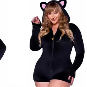 Comfy Cat-Black-Plush Velvet Romper/Onesie Fabric Womenswear
