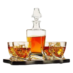 The Wine Savant Italian Crafted Crystal 5 Piece European Style Wine & Whiskey Decanter 855ml with 4 Glasses & Wood Sophisticated Tray Set Spirits, Scotch, & Bourbon Whiskey Decanter Sets for Men