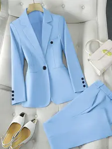 Two piece women's black Long Sleeve suit set with waist cinching, slimming, elegant and chic effect, paired with straight leg pants, suitable for business commuting formal wear, suitable for all seasons, suitable for home, indoor, and outdoor wear