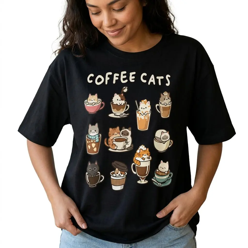 Coffee Cats Graphic Tee Women Cute Cat Lover Plus Size Shirt