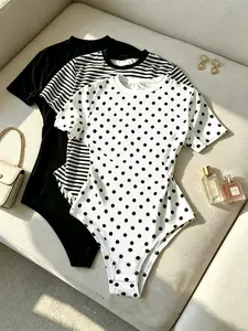 Women's Polka Dot Striped Solid Color Short Sleeve Romper, Round Neck Slim Fit T-Shirt, 3-Piece Set, Casual Daily Wear, Minimalist Fashion, Bodysuits