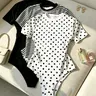Women's Polka Dot Striped Solid Color Short Sleeve Round Neckline Romper, Round Neck Slim Fit T-Shirt, 3-Piece Set, Casual Daily Wear, Minimalist Fashion