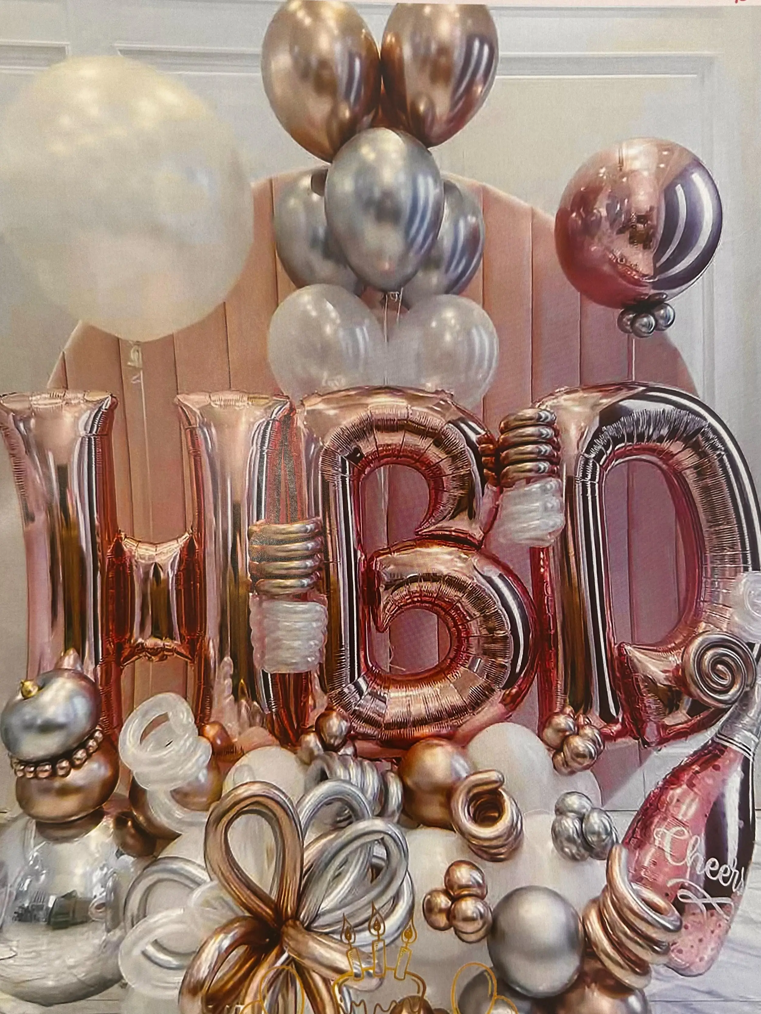 bouquet H B D letter 40 inch, 260 twisting balloons rose gold long and silver balloon foil latex chees bottle