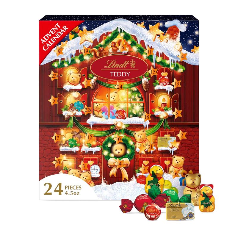 Lindt Holiday Teddy Bear Chocolate Advent Calendar 4.5 oz Assorted Chocolates for Kids & Adults Individually Wrapped in Festive Foil - Snack
