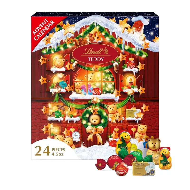 Lindt Holiday Teddy Bear Chocolate Advent Calendar 4.5 oz Assorted Chocolates for Kids & Adults Individually Wrapped in Festive Foil - Snack