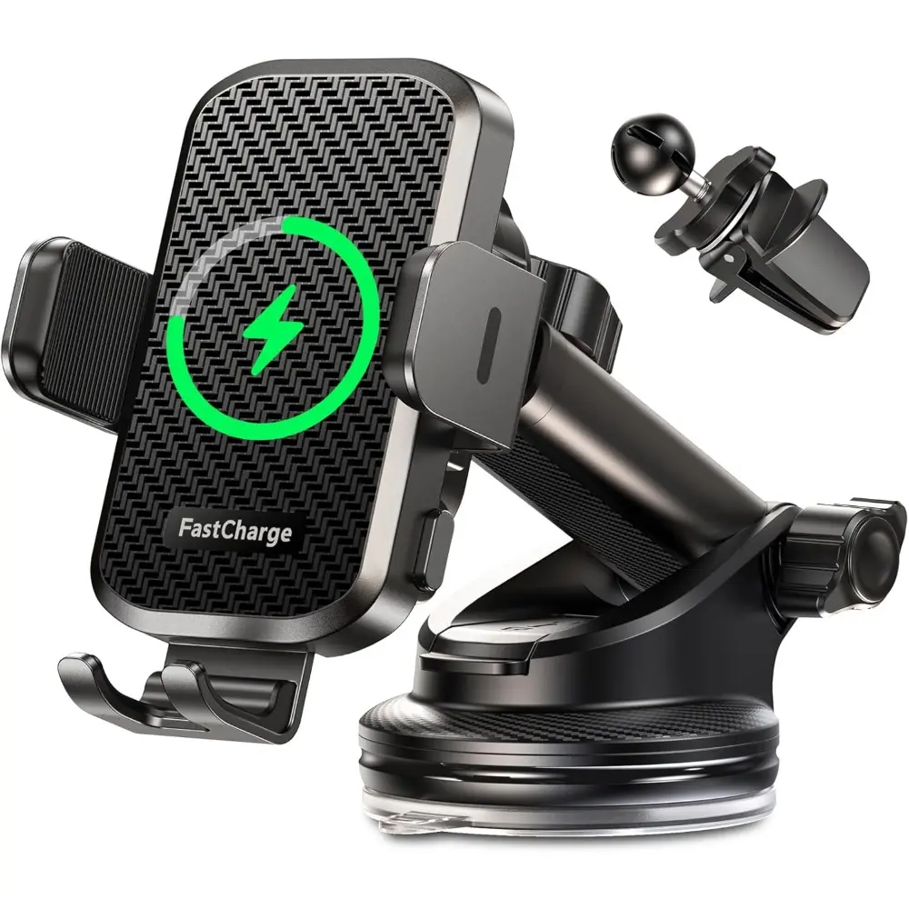 15W Fast Charging QI-Enabled Wireless Car Charger - Auto-Clamping Handsfree Phone Holder Mount, Easy-Install Suction Cups for Windshield/Dashboard, Air Vent Fit, Type-C Compatible for iPhone Pro Max/XS Max, Samsung Galaxy S23, Google & More