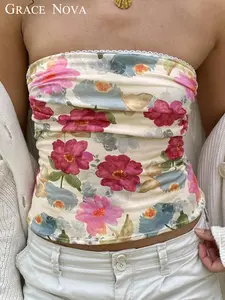 Women's French Style Floral Print Halter Top, Soft One Shoulder Sleeveless Sexy Design Camisole Vest, Spring & Fall Fashion Outerwear, Fit, Floral Print Bandeau