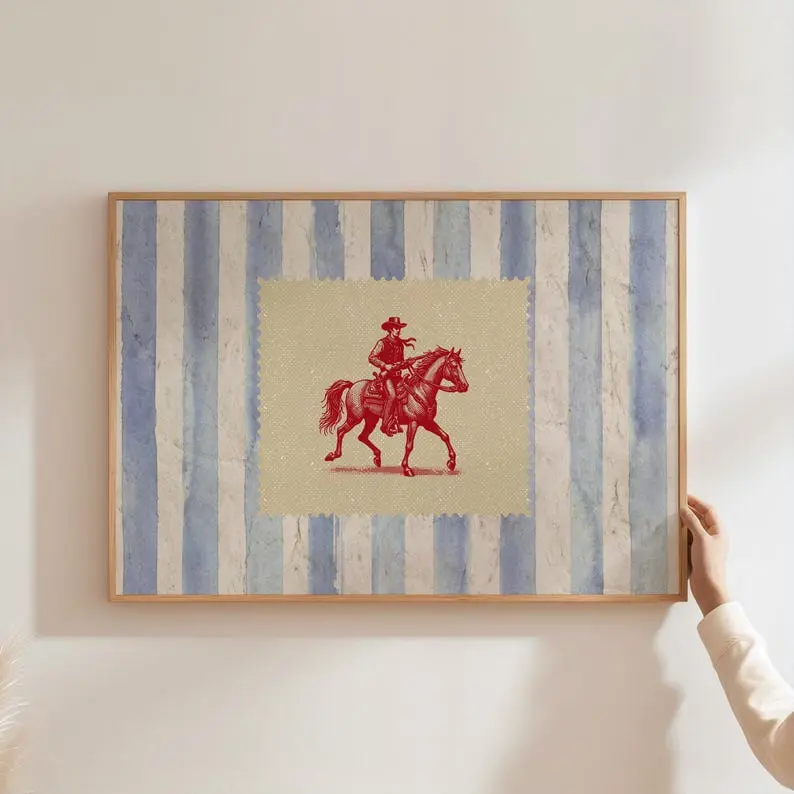 Artistic Eco-Friendly Vintage Striped Western Cowboy Horse Print Photo Poster - High-Res Multi-Size Vibrant Wood Wall Decor for Rustic Mid-Century Modern Bedroom, Kid Room Home Inspo