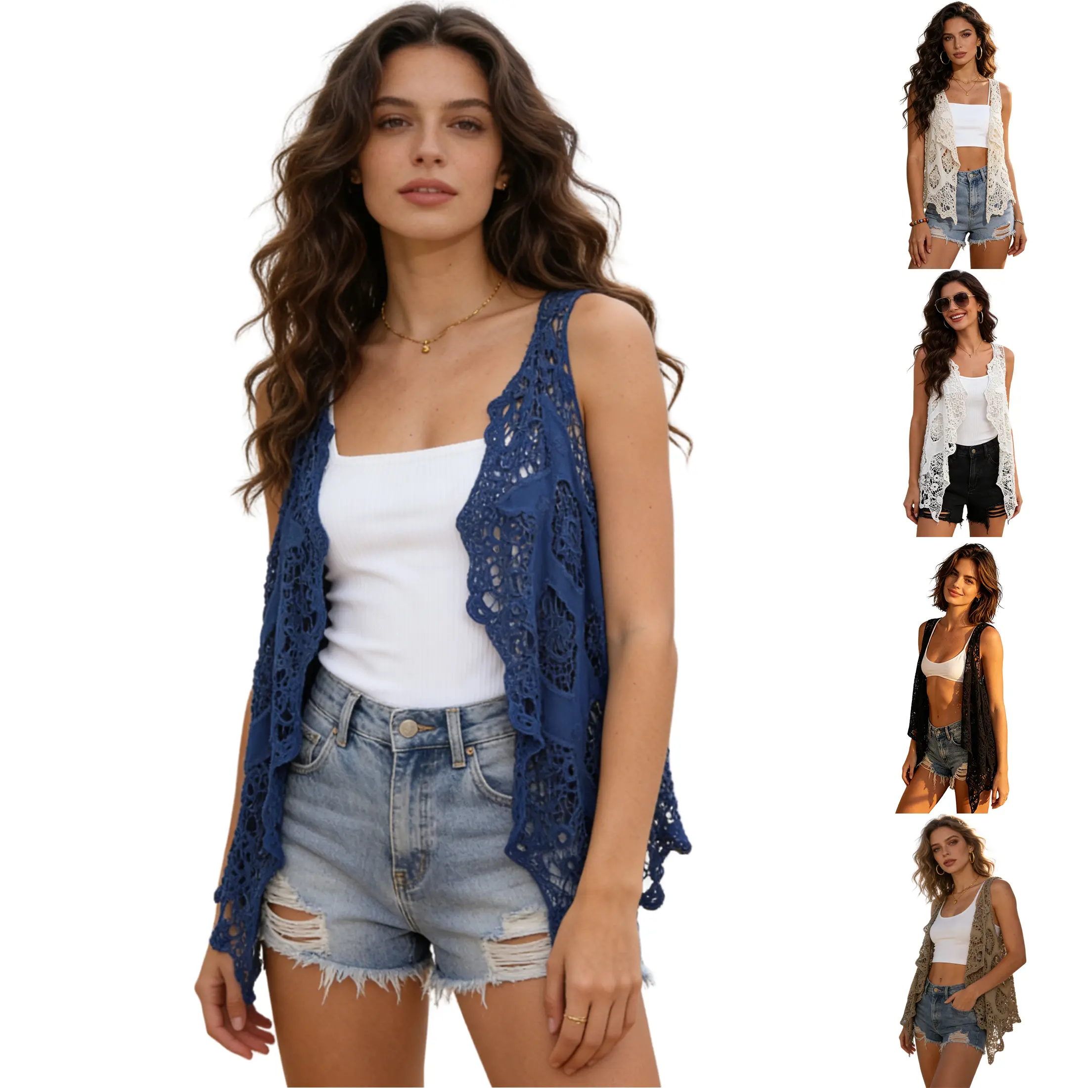 Mundoven Womens Floral Crochet Lace Boho Trim Sleeveless Open Front Vest Cardigan