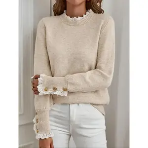 Women's Fashion Sweater Autumn Winter Casual Lace Trim Sleeve Button Design Pullover Knitwear, Stylish Ladies' Clothing Can be used with raincoat Fitted Feminine Womenswear Day Tops